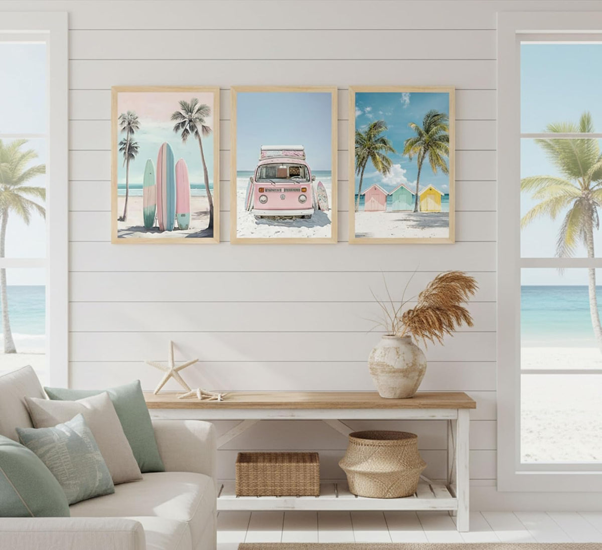 3Pcs Pink Beach Wall Art Tropical Teen Girl Coastal Canvas Poster Print Surfboard Palm Picture Wall Decor for Beach Room Bathroom Living Room Bedroom 12x16in Unframed