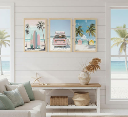 3Pcs Pink Beach Wall Art Tropical Teen Girl Coastal Canvas Poster Print Surfboard Palm Picture Wall Decor for Beach Room Bathroom Living Room Bedroom 12x16in Unframed