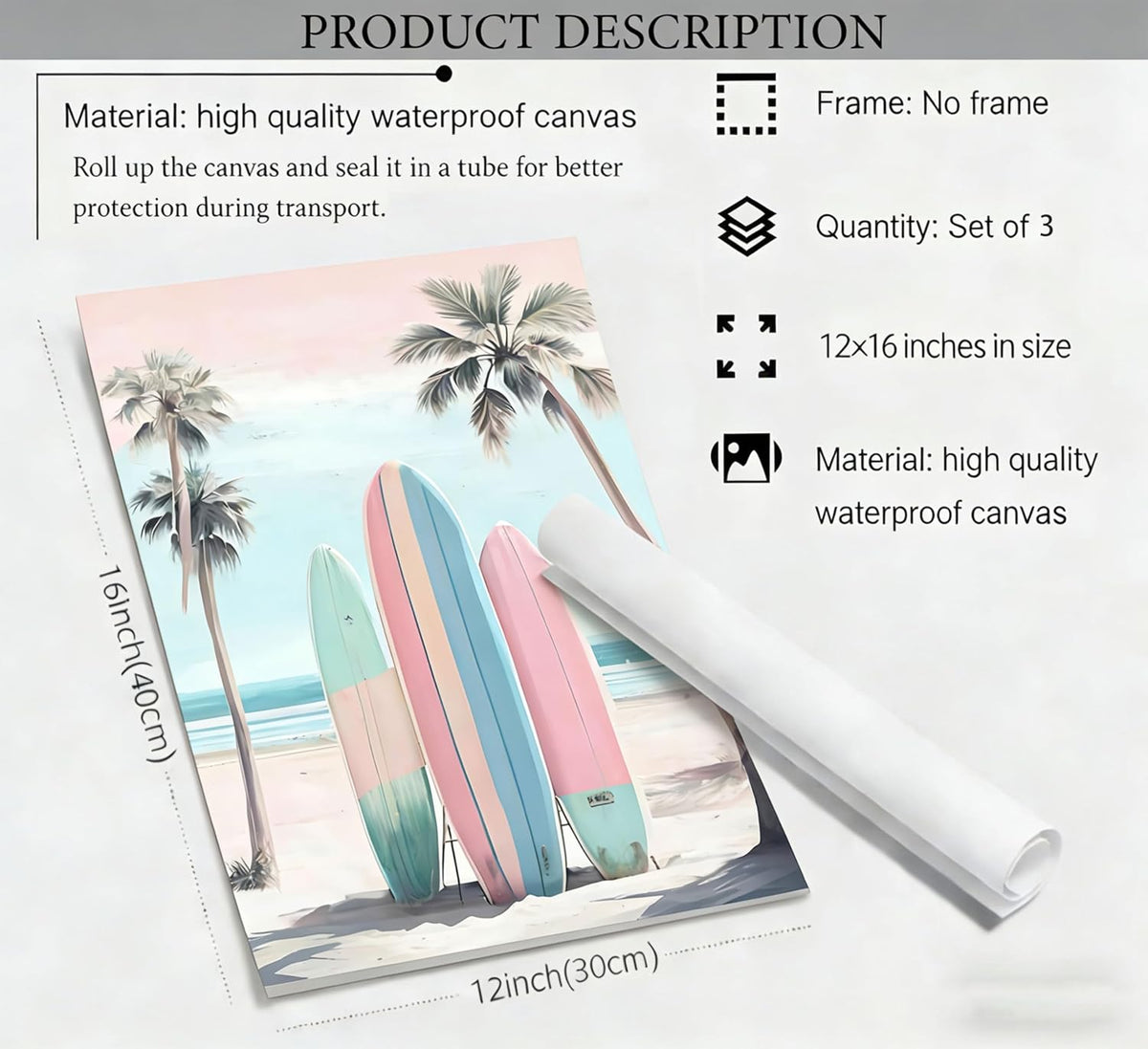 3Pcs Pink Beach Wall Art Tropical Teen Girl Coastal Canvas Poster Print Surfboard Palm Picture Wall Decor for Beach Room Bathroom Living Room Bedroom 12x16in Unframed