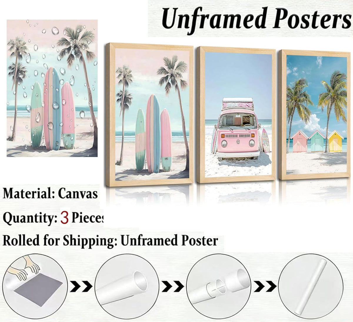 3Pcs Pink Beach Wall Art Tropical Teen Girl Coastal Canvas Poster Print Surfboard Palm Picture Wall Decor for Beach Room Bathroom Living Room Bedroom 12x16in Unframed