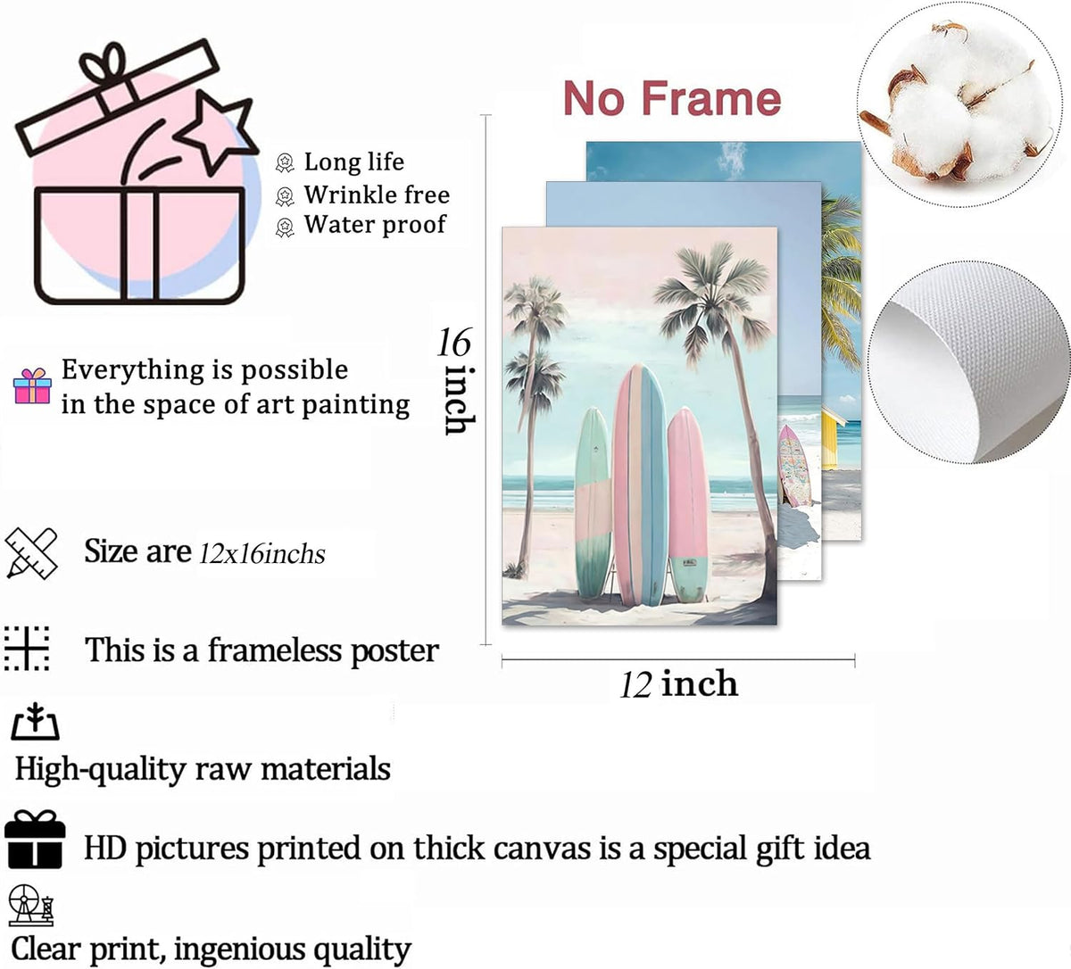 3Pcs Pink Beach Wall Art Tropical Teen Girl Coastal Canvas Poster Print Surfboard Palm Picture Wall Decor for Beach Room Bathroom Living Room Bedroom 12x16in Unframed