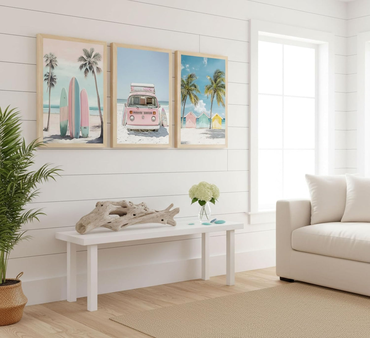 3Pcs Pink Beach Wall Art Tropical Teen Girl Coastal Canvas Poster Print Surfboard Palm Picture Wall Decor for Beach Room Bathroom Living Room Bedroom 12x16in Unframed