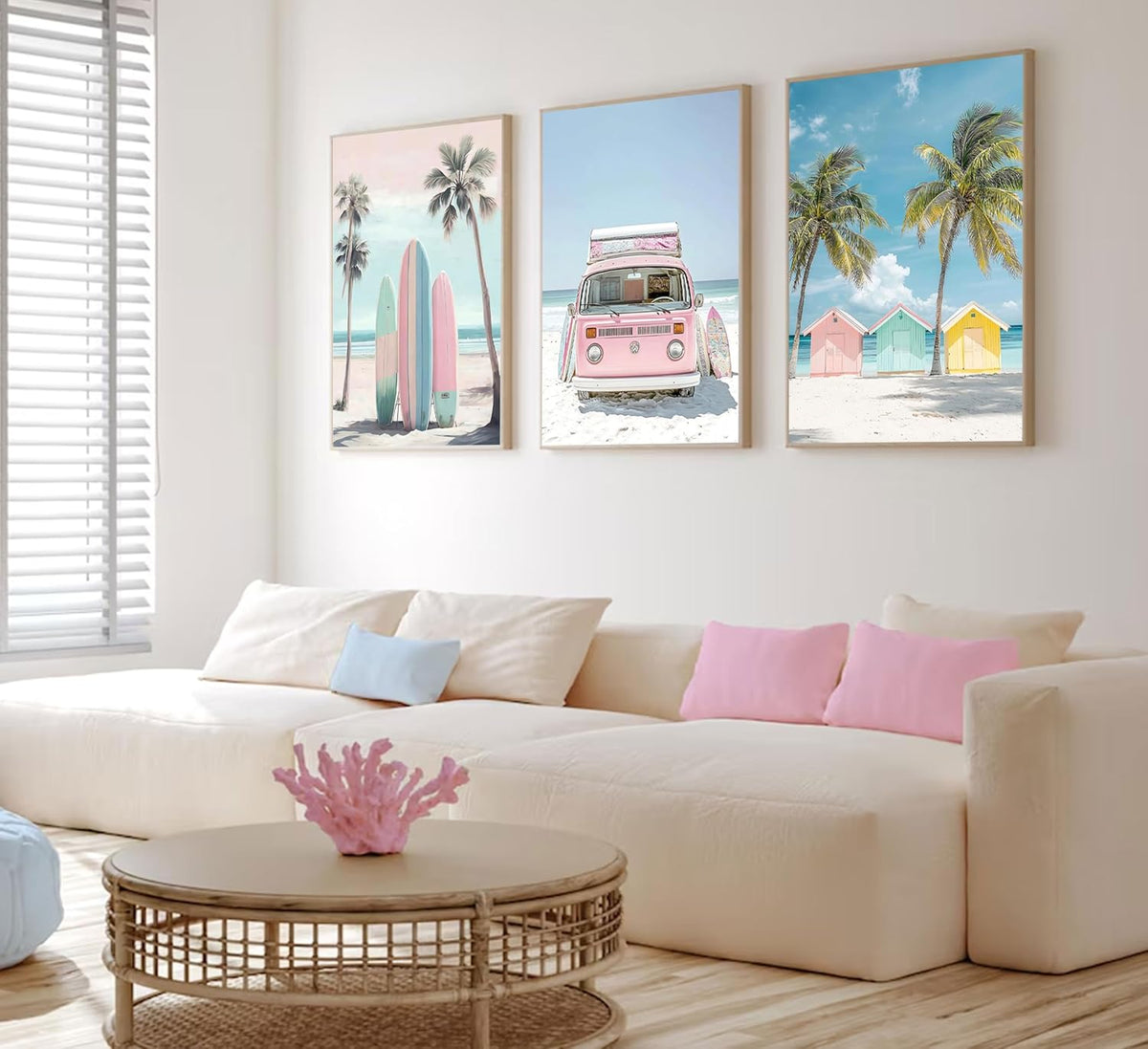 3Pcs Pink Beach Wall Art Tropical Teen Girl Coastal Canvas Poster Print Surfboard Palm Picture Wall Decor for Beach Room Bathroom Living Room Bedroom 12x16in Unframed