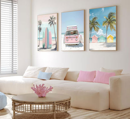 3Pcs Pink Beach Wall Art Tropical Teen Girl Coastal Canvas Poster Print Surfboard Palm Picture Wall Decor for Beach Room Bathroom Living Room Bedroom 12x16in Unframed