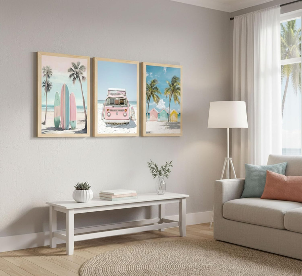 3Pcs Pink Beach Wall Art Tropical Teen Girl Coastal Canvas Poster Print Surfboard Palm Picture Wall Decor for Beach Room Bathroom Living Room Bedroom 12x16in Unframed