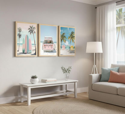 3Pcs Pink Beach Wall Art Tropical Teen Girl Coastal Canvas Poster Print Surfboard Palm Picture Wall Decor for Beach Room Bathroom Living Room Bedroom 12x16in Unframed