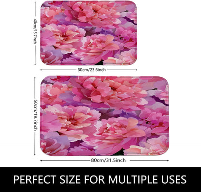 Floral Quick Dry Bath Mat, Elegant Peach Peony Pattern Absorbent Non Slip Shower Mat, Spring Decorative Washable Bath Rugs for Bathroom Toilet Restroom 20x32 Inch