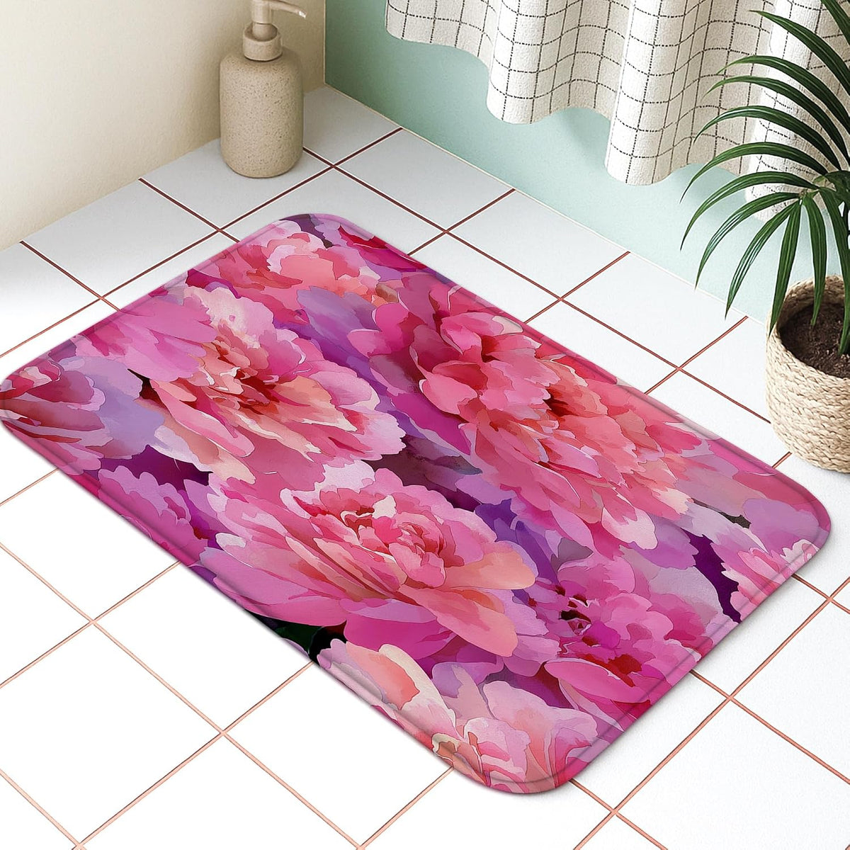 Floral Quick Dry Bath Mat, Elegant Peach Peony Pattern Absorbent Non Slip Shower Mat, Spring Decorative Washable Bath Rugs for Bathroom Toilet Restroom 20x32 Inch