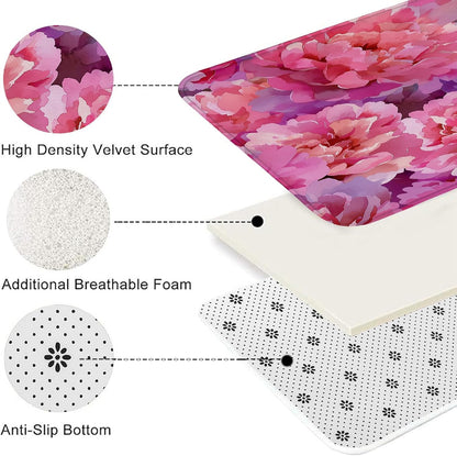 Floral Quick Dry Bath Mat, Elegant Peach Peony Pattern Absorbent Non Slip Shower Mat, Spring Decorative Washable Bath Rugs for Bathroom Toilet Restroom 20x32 Inch