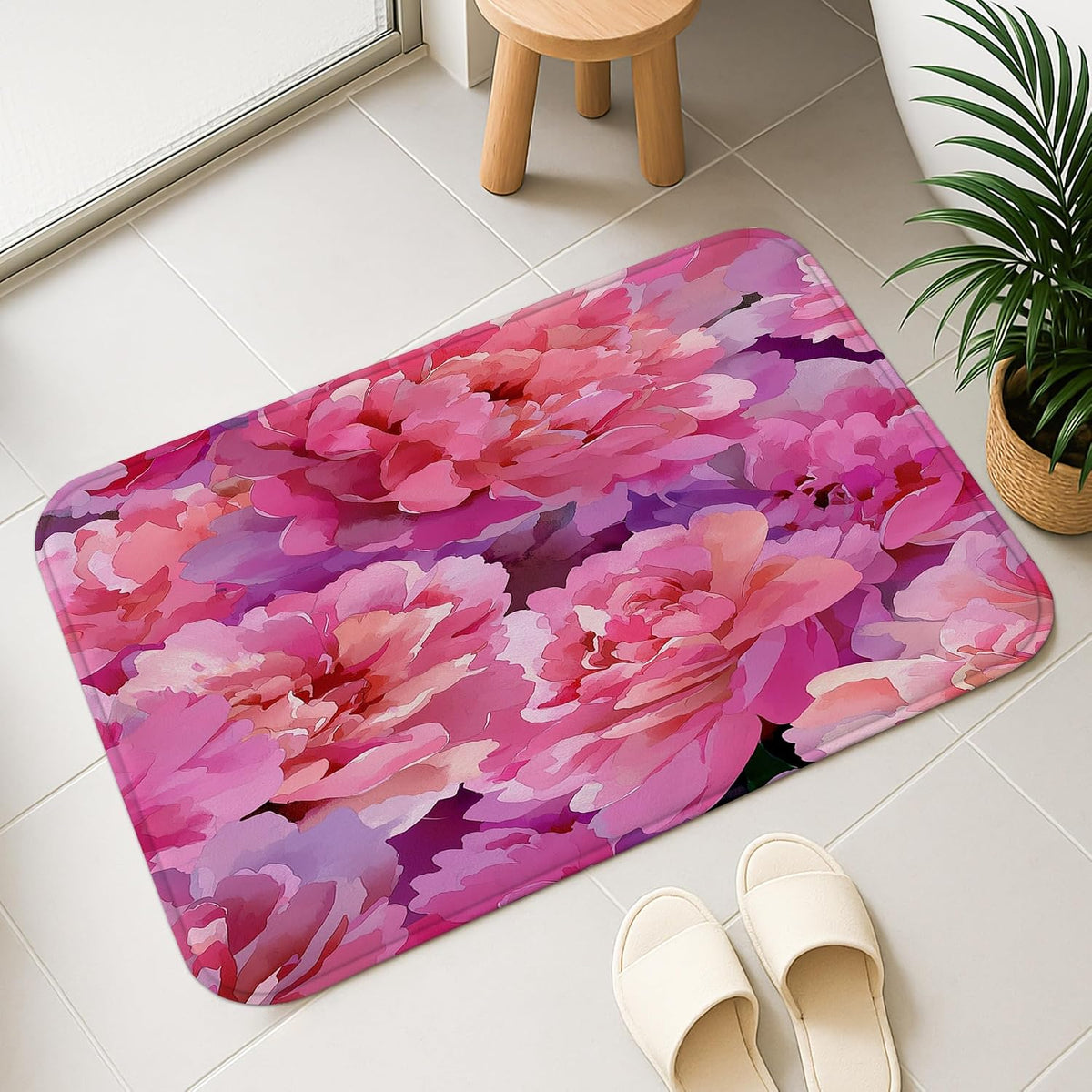 Floral Quick Dry Bath Mat, Elegant Peach Peony Pattern Absorbent Non Slip Shower Mat, Spring Decorative Washable Bath Rugs for Bathroom Toilet Restroom 20x32 Inch