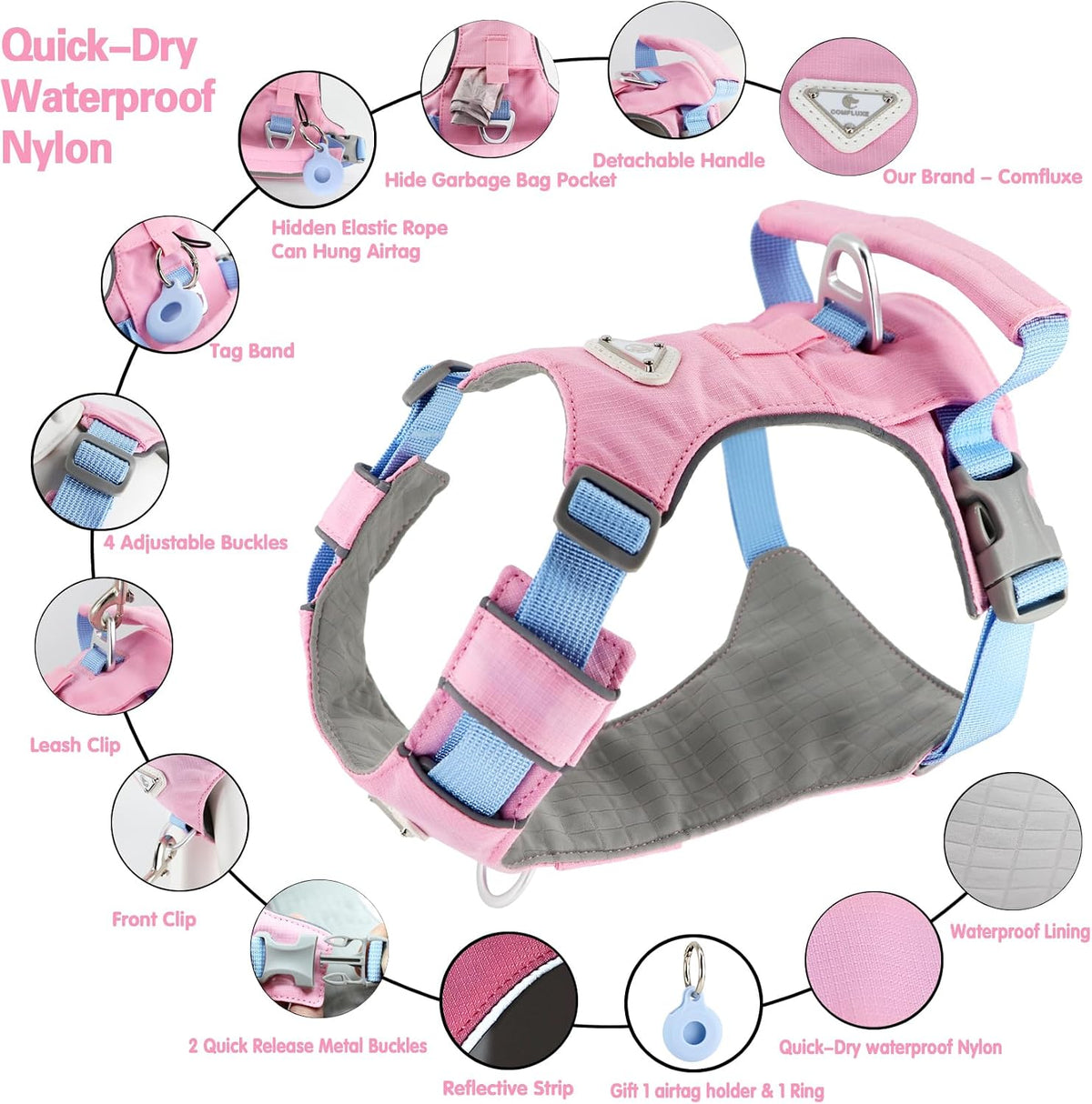 Airtag Lightweight Pink Dog Harness-No Pull with Handle for Small Sized Dog