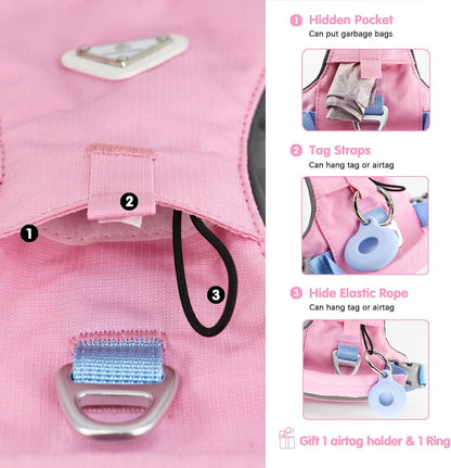 Airtag Lightweight Pink Dog Harness-No Pull with Handle for Small Sized Dog