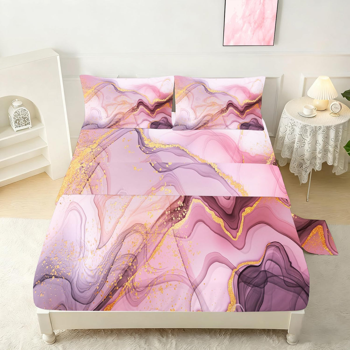 Pink Marble Sheets Set Full for Girls Elegant Pink and Gold Bedding Set with Deep Pocket Abstract Bed Set with 1 Fitted Sheet 1 Flat Sheet and 2 Pillowcases