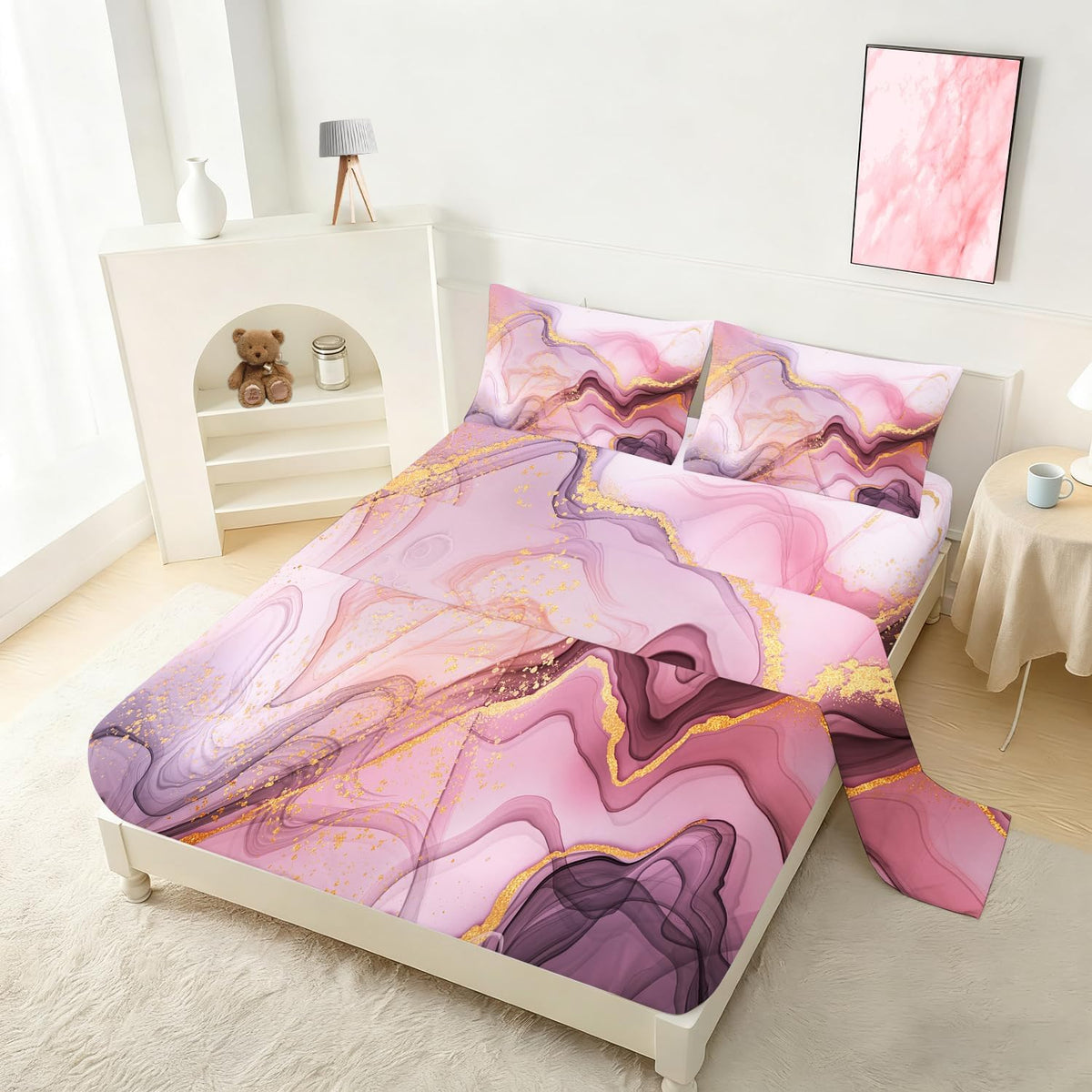 Pink Marble Sheets Set Full for Girls Elegant Pink and Gold Bedding Set with Deep Pocket Abstract Bed Set with 1 Fitted Sheet 1 Flat Sheet and 2 Pillowcases