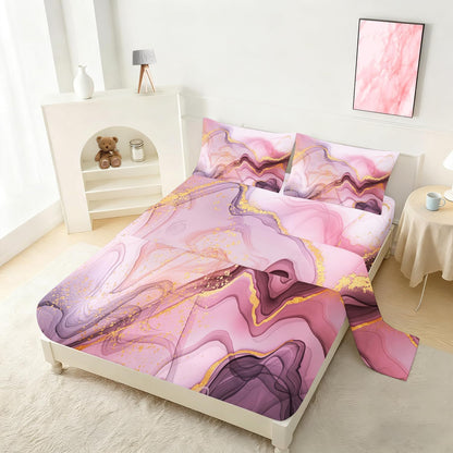 Pink Marble Sheets Set Full for Girls Elegant Pink and Gold Bedding Set with Deep Pocket Abstract Bed Set with 1 Fitted Sheet 1 Flat Sheet and 2 Pillowcases
