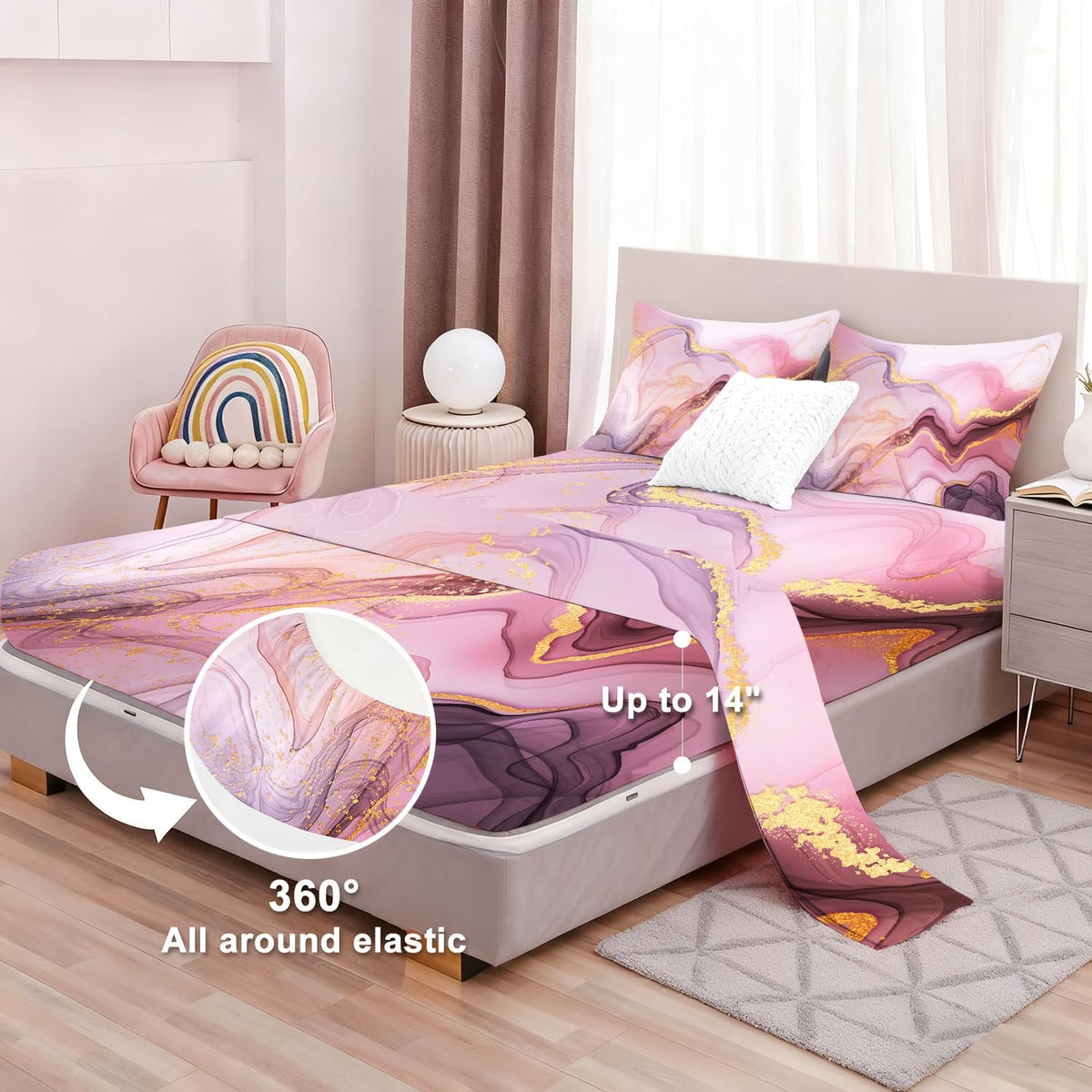 Pink Marble Sheets Set Full for Girls Elegant Pink and Gold Bedding Set with Deep Pocket Abstract Bed Set with 1 Fitted Sheet 1 Flat Sheet and 2 Pillowcases