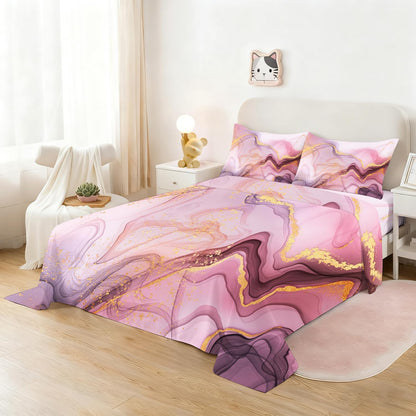 Pink Marble Sheets Set Full for Girls Elegant Pink and Gold Bedding Set with Deep Pocket Abstract Bed Set with 1 Fitted Sheet 1 Flat Sheet and 2 Pillowcases