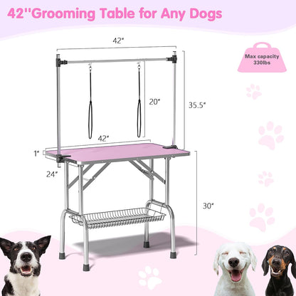42'' Stainless Steel Pet Dog Grooming Table, Arm/Noose/Tray, Pink