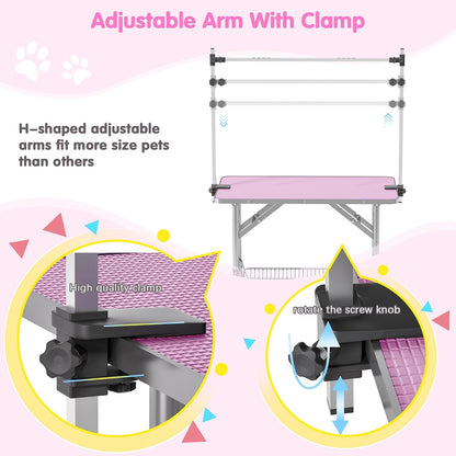 42'' Stainless Steel Pet Dog Grooming Table, Arm/Noose/Tray, Pink