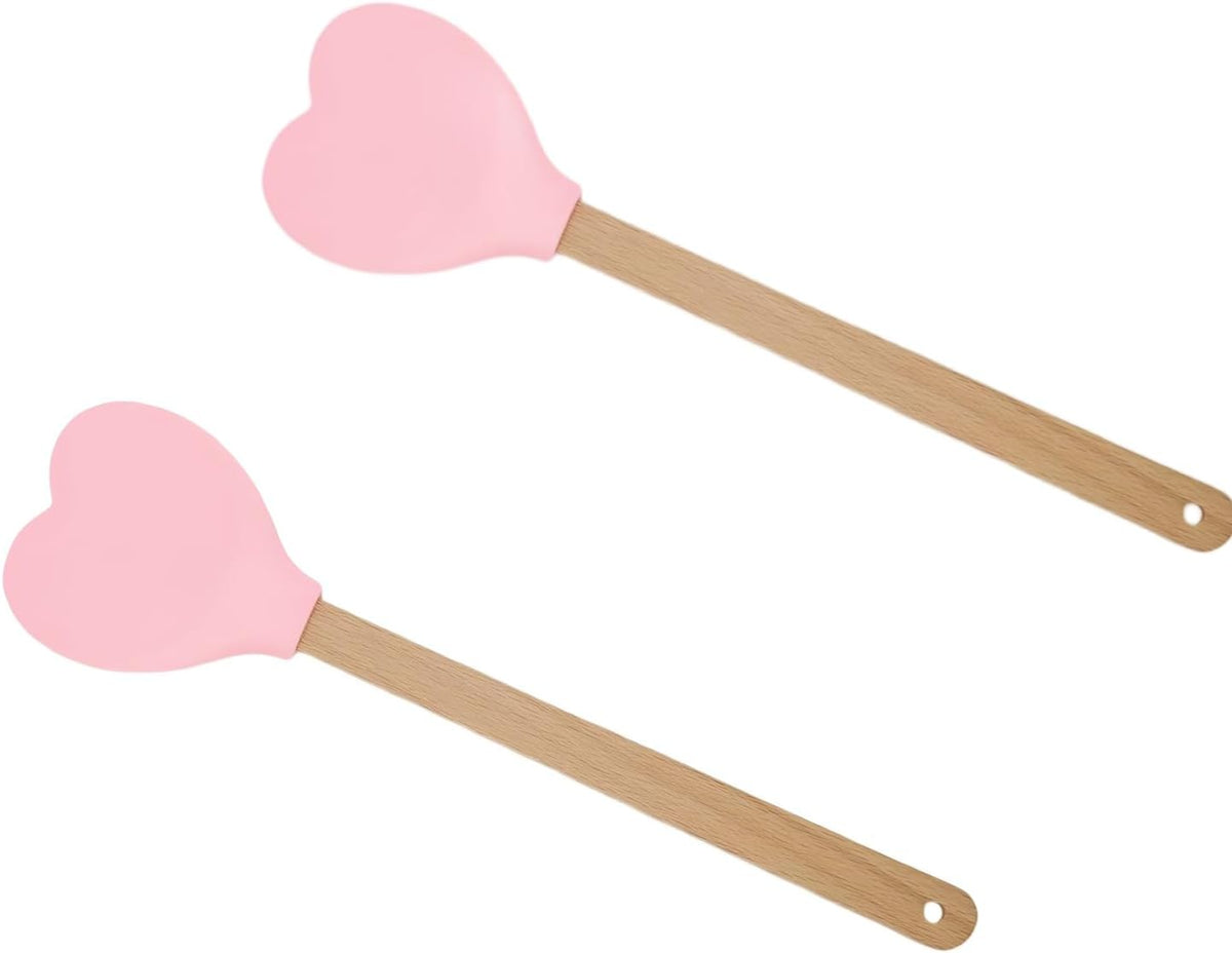 2PCS Pink Silicone Spatula Spoon | Heart Shaped with Wooden Handle, Non-Stick and Heat-Resistant for Stirring, Baking, Cooking