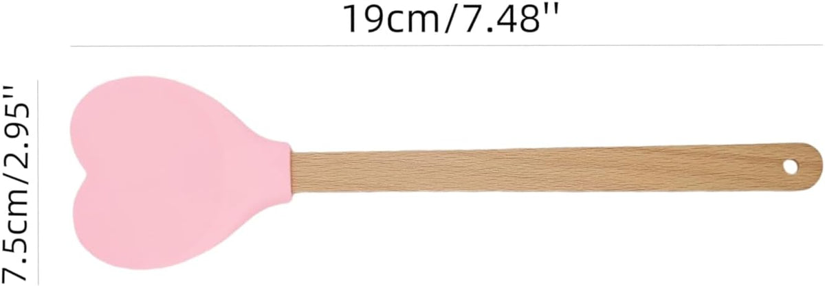 2PCS Pink Silicone Spatula Spoon | Heart Shaped with Wooden Handle, Non-Stick and Heat-Resistant for Stirring, Baking, Cooking