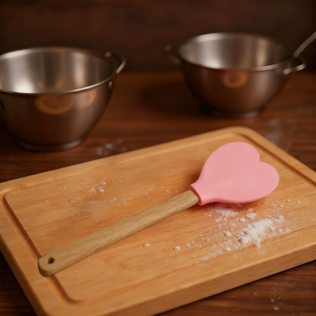 2PCS Pink Silicone Spatula Spoon | Heart Shaped with Wooden Handle, Non-Stick and Heat-Resistant for Stirring, Baking, Cooking