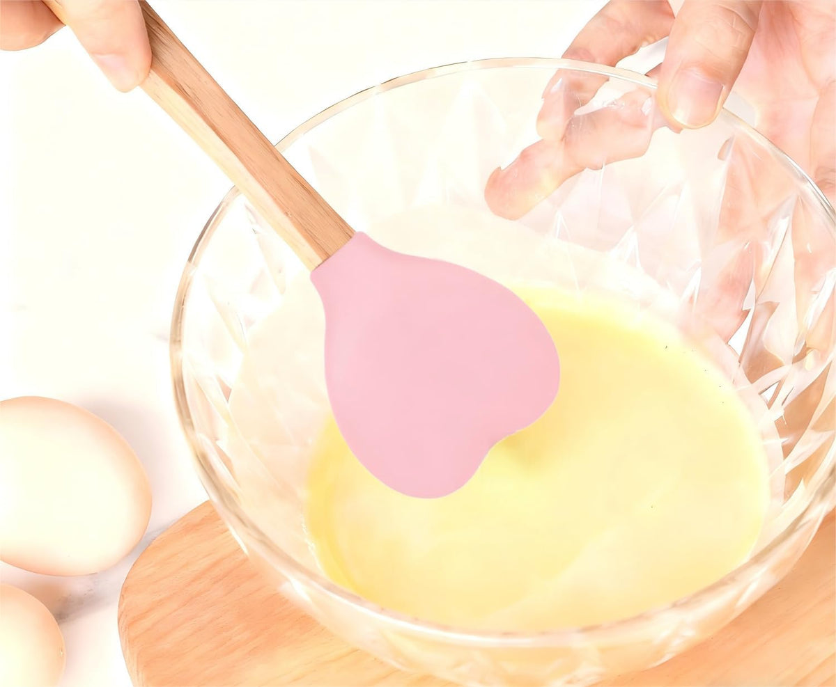 2PCS Pink Silicone Spatula Spoon | Heart Shaped with Wooden Handle, Non-Stick and Heat-Resistant for Stirring, Baking, Cooking