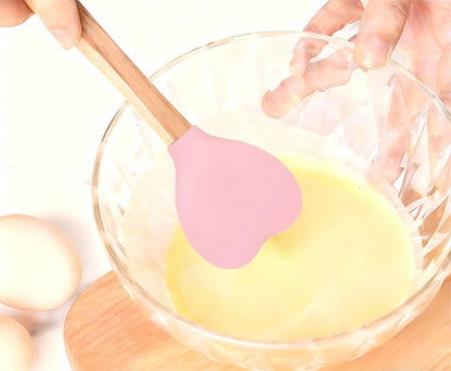 2PCS Pink Silicone Spatula Spoon | Heart Shaped with Wooden Handle, Non-Stick and Heat-Resistant for Stirring, Baking, Cooking