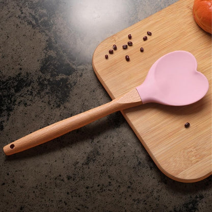 2PCS Pink Silicone Spatula Spoon | Heart Shaped with Wooden Handle, Non-Stick and Heat-Resistant for Stirring, Baking, Cooking