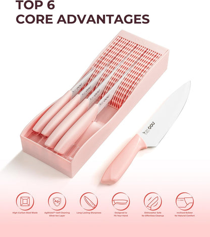 In-Drawer Kitchen Knife Set, Space-Saving Cutlery and Kitchen Organizer, Includes Chef, Bread, Santoku, Utility and Paring Knives, 6-Piece, Pink