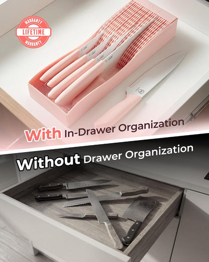 In-Drawer Kitchen Knife Set, Space-Saving Cutlery and Kitchen Organizer, Includes Chef, Bread, Santoku, Utility and Paring Knives, 6-Piece, Pink
