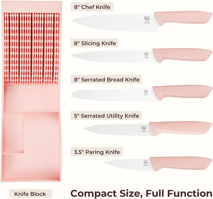 In-Drawer Kitchen Knife Set, Space-Saving Cutlery and Kitchen Organizer, Includes Chef, Bread, Santoku, Utility and Paring Knives, 6-Piece, Pink