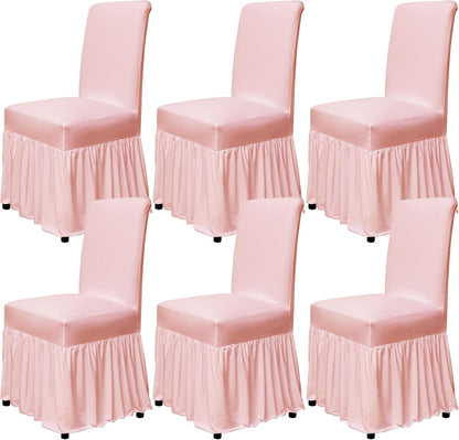 Chair Covers for Dining Room Set of 6 Stretch Chair Slipcovers with Skirt for Kitchen Seat Protectors Wedding Banquet Decor Kids Pets Spandex Fabric Washable (6pcs, Pink)