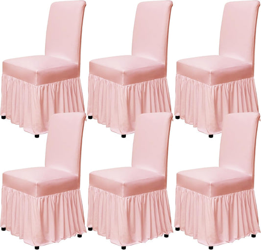 Chair Covers for Dining Room Set of 6 Stretch Chair Slipcovers with Skirt for Kitchen Seat Protectors Wedding Banquet Decor Kids Pets Spandex Fabric Washable (6pcs, Pink)