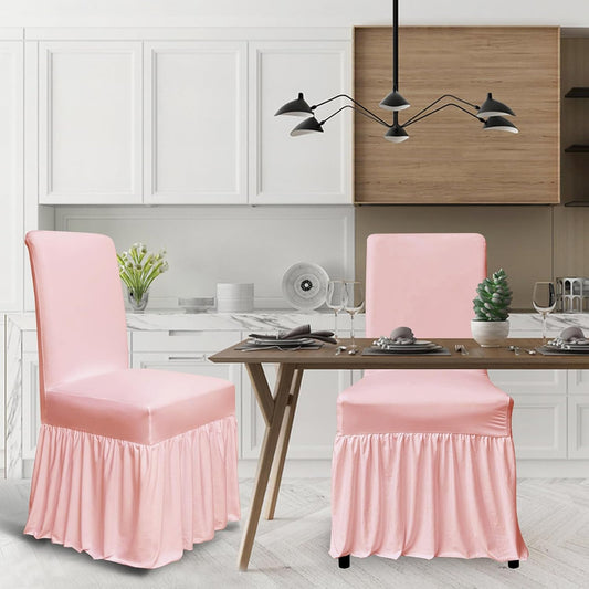 Chair Covers for Dining Room Set of 6 Stretch Chair Slipcovers with Skirt for Kitchen Seat Protectors Wedding Banquet Decor Kids Pets Spandex Fabric Washable (6pcs, Pink)