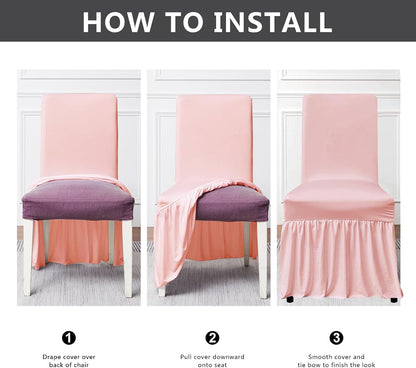 Chair Covers for Dining Room Set of 6 Stretch Chair Slipcovers with Skirt for Kitchen Seat Protectors Wedding Banquet Decor Kids Pets Spandex Fabric Washable (6pcs, Pink)