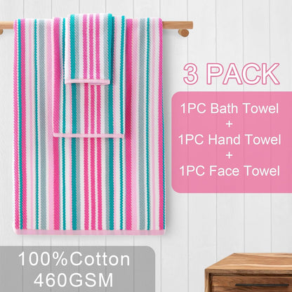 Striped Towels 3 Pack, 100% Cotton, Pink Aqua