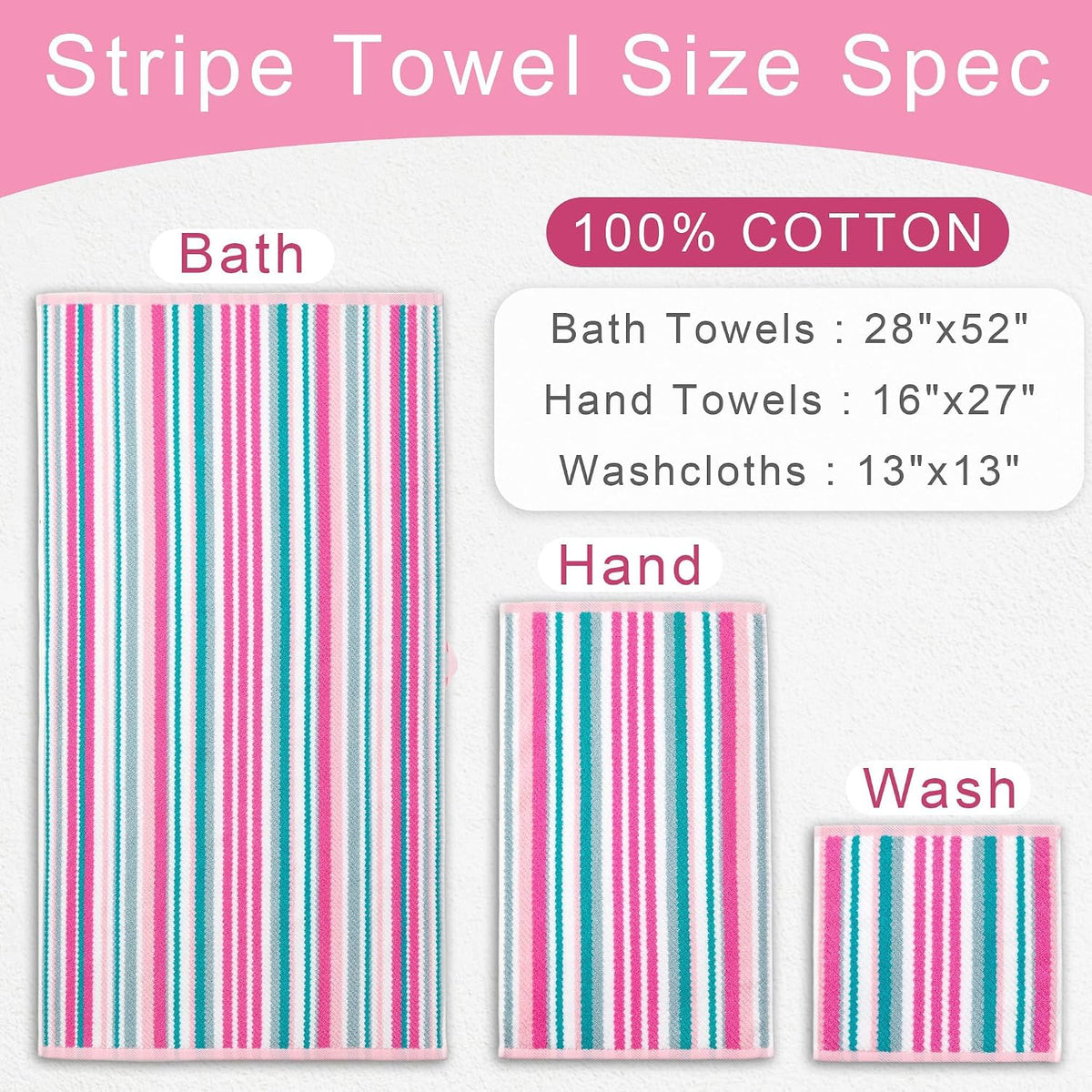 Striped Towels 3 Pack, 100% Cotton, Pink Aqua