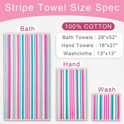 Striped Towels 3 Pack, 100% Cotton, Pink Aqua