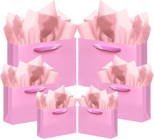 10PCS Pink Gift Bags with Ribbon Handles Mulit Assorted Sizes Gift Wide Bags (2pcs Large 13", 4pcs Medium 9.6", 4pcs Small 6.3", Tissue Paper)