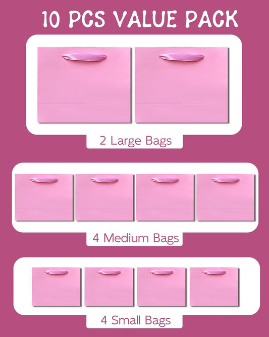 10PCS Pink Gift Bags with Ribbon Handles Mulit Assorted Sizes Gift Wide Bags (2pcs Large 13", 4pcs Medium 9.6", 4pcs Small 6.3", Tissue Paper)
