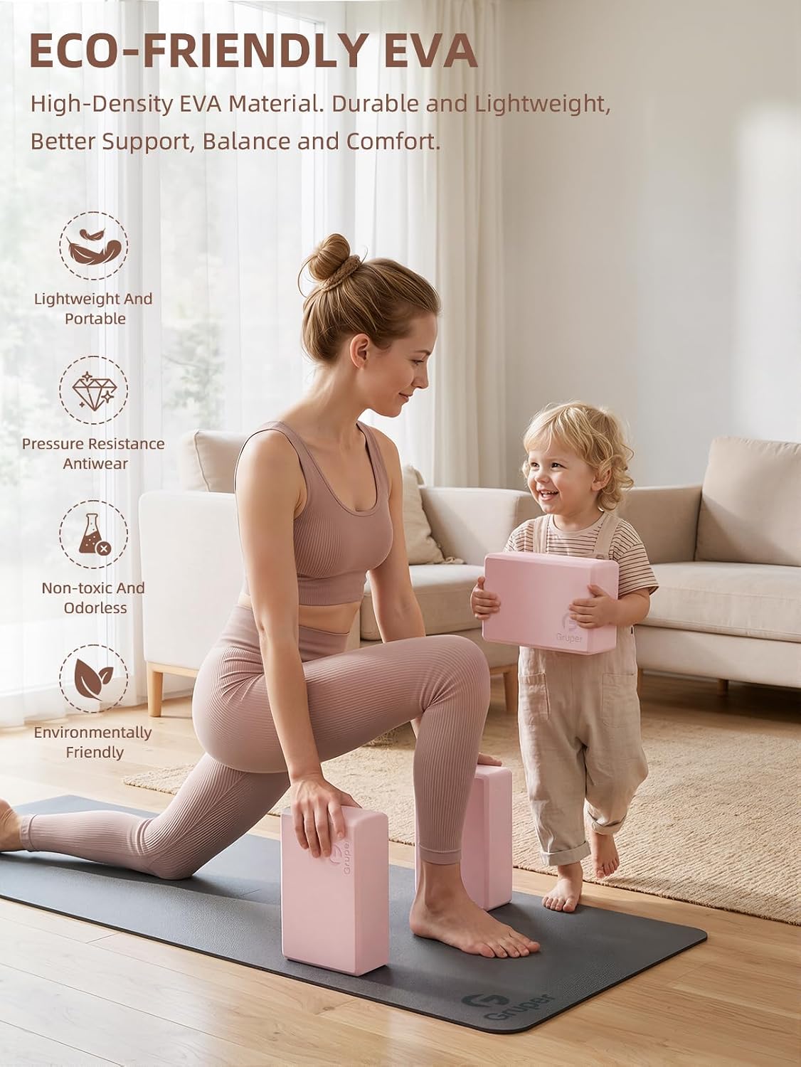 Yoga Blocks 2 Pack, 9"x6"x3" Exercise Blocks High-Density EVA Foam Blocks with Soft Non-Slip Surface, Lightweight Yoga Props for Yoga Pilates Meditation & Stretching
