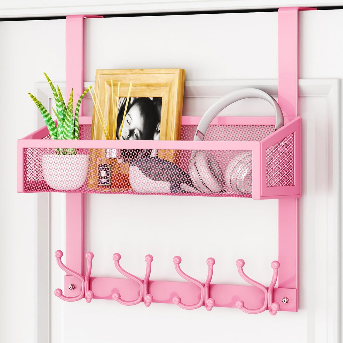 Over The Door Hooks - Easy Installation Pink Door Hanger with Basket and 16 Hooks, 304 Stainless Steel Storage Organizer for Towels, Coats, Bathroom, Kitchen, Dorm-Pink