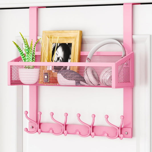 Over The Door Hooks - Easy Installation Pink Door Hanger with Basket and 16 Hooks, 304 Stainless Steel Storage Organizer for Towels, Coats, Bathroom, Kitchen, Dorm-Pink