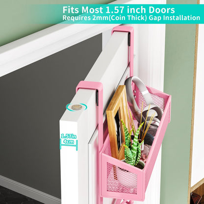 Over The Door Hooks - Easy Installation Pink Door Hanger with Basket and 16 Hooks, 304 Stainless Steel Storage Organizer for Towels, Coats, Bathroom, Kitchen, Dorm-Pink