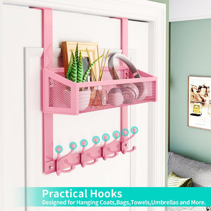 Over The Door Hooks - Easy Installation Pink Door Hanger with Basket and 16 Hooks, 304 Stainless Steel Storage Organizer for Towels, Coats, Bathroom, Kitchen, Dorm-Pink