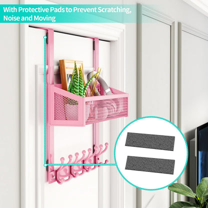 Over The Door Hooks - Easy Installation Pink Door Hanger with Basket and 16 Hooks, 304 Stainless Steel Storage Organizer for Towels, Coats, Bathroom, Kitchen, Dorm-Pink