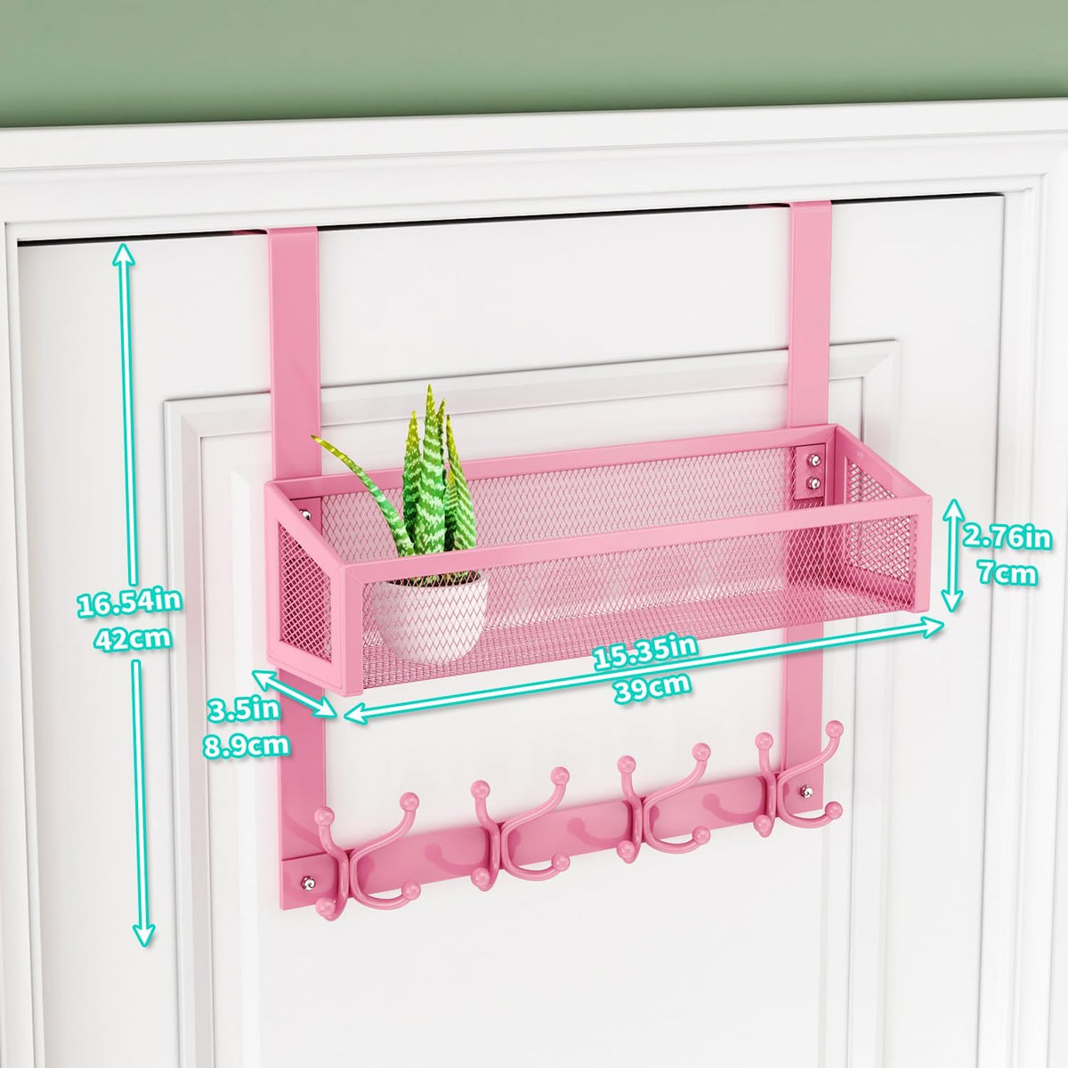 Over The Door Hooks - Easy Installation Pink Door Hanger with Basket and 16 Hooks, 304 Stainless Steel Storage Organizer for Towels, Coats, Bathroom, Kitchen, Dorm-Pink