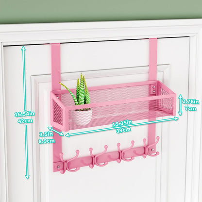 Over The Door Hooks - Easy Installation Pink Door Hanger with Basket and 16 Hooks, 304 Stainless Steel Storage Organizer for Towels, Coats, Bathroom, Kitchen, Dorm-Pink