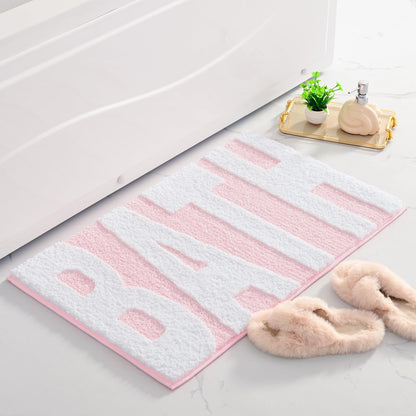 Pink and White Bathroom Rugs, Bath Letters Non Slip Bathroom Mat, Soft Absorbent Cute Bath Mat, Machine Washable Quickly Dry Comfortable Bathmat for Bathtub, Bedroom, Shower, Living Room (16 x 24 in)